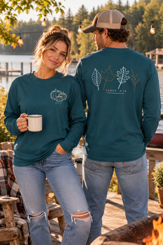 Pumpkin &amp; 4 Leaves Long Sleeve T-Shirt | Peace &amp; Faith Apparel